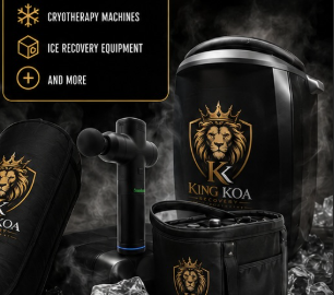 King Koa Recovery equipment — massage gun, compression boots bag and ice bucket